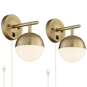 360 Lighting Luna Modern Wall Lamps Set of 2 Brass Metal Plug-in 5 1/2" Light Fixture Frosted Glass Shade for Bedroom Reading Living Room Hallway Home