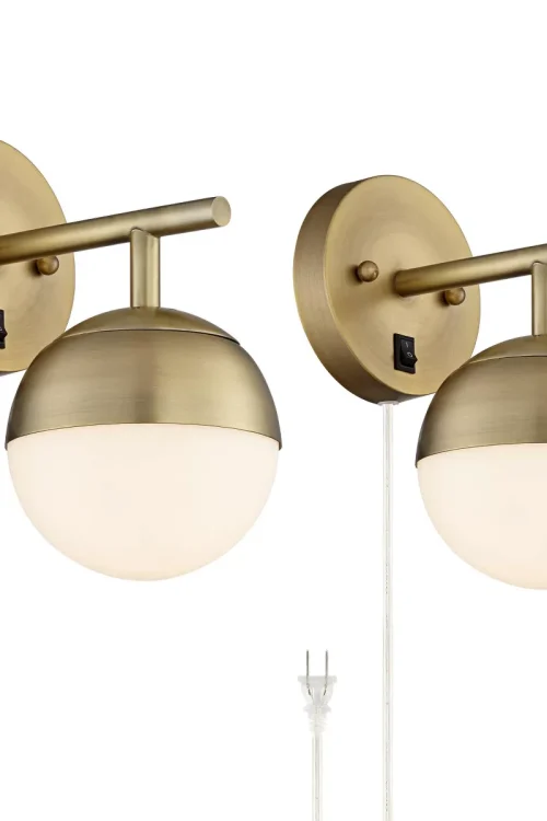 360 Lighting Luna Modern Wall Lamps Set of 2 Brass Metal Plug-in 5 1/2″ Light Fixture Frosted Glass Shade for Bedroom Reading Living Room Hallway Home